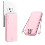 Nusyddy Portable Charger, 10000mAh PD20W Fast Charging Power Bank with Built-in Cables & Wall Plug, Travel Essentials External Battery Pack, USB C Battery Phone Charger for iPhone, iPad, Samsung Pink
