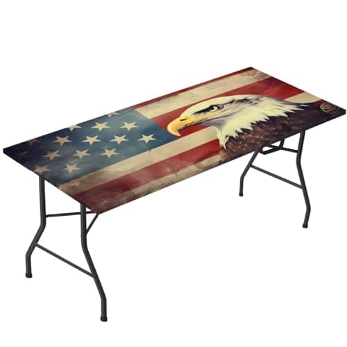 Obtravar US Flag Eagles 8 Ft Fitted Rectangle Tablecloth Waterproof 32 x 96 Inch Elastic Fitted Table Cover Washable Polyester Table Cloths for Outdoor, Picnic