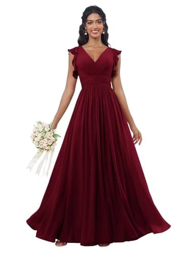 Maxianever Pleated Wedding Dresses for Women Chiffon Ruffled Sleeves Bridesmaid Dresses Long Wine Red 16