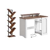 HOOBRO Tree Bookshelf and Computer Desk Bundle, 9-Tier Bookcase Wooden Shelves, Office Dsek with Monitor Stand, for Small Space, Study, Living Room, BF08SJ01G1-WH85UDN01