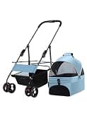 Travel Pet Stroller,Foldable Small Medium Sized Dog Cat Trolley with Storage Basket,Safety Belt and Cup Holder(Green)