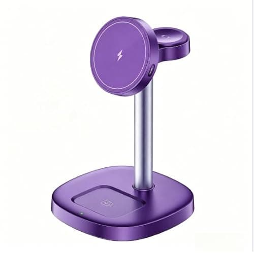 GETPALS Mag Charger iPhone Charging Station: 3 in 1 Qi2 Certified 15W Wireless Magnetic Charger Stand for Apple iPhone 17/17e/16/15/14/13/12 - iWatch for Night Stand Desk - Purple