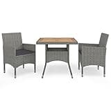 Kaorsrow 3 Piece Patio Dining Set, Grey Brown PE Rattan and Acacia Wood Bistro Furniture with Square Table and 2 Armchairs, All-Weather Wicker Set for Balcony, Garden and Terrace