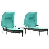 TUERYAFEK Adjustable Outdoor Sun Lounger Set with Poly Rattan, 2 Loungers and Side Table, Black and Turquoise Cushions, 4 Backrest Positions, Retractable Canopy