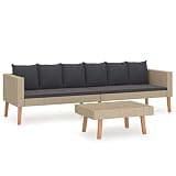 2 Piece Patio Lounge Set with Cushions, Beige Poly Rattan Sofa and Coffee Table for Garden Terrace