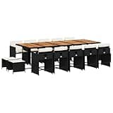 WRJENFSC 15-Piece Garden Dining Set, Large Outdoor Table with 10 Chairs and 4 Stools, Seats 14, Solid Acacia Wood and PE Rattan Furniture for Patio, Black and Cream