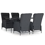 Kaorsrow 5-Piece Garden Dining Set, Dark Grey Poly Rattan Patio Furniture with Reclining Chairs and Tempered Glass Table, Rectangular Outdoor Dining Set for 4, Backyard Decor