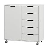 Panana 5-Drawer Chest with 1 Door, Wooden Chest of Drawers Storage Dresser Cabinet with Wheels, Office Organization and Storage, Bedroom Furniture (White-S)