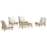 WDSAYREH Rustic Bamboo Patio Lounge Set 5 Piece Outdoor Sofa with Cream White Cushions and Sturdy Table for Garden