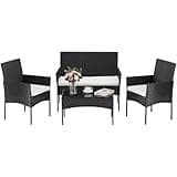 Sweetcrispy 4-Piece Patio Furniture Set, Weather-Resistant PE Rattan Outdoor Wicker Furniture with Washable Cushion & Tempered Glass Table, Durable Outdoor Seating for Garden, Backyard, Porch, Black