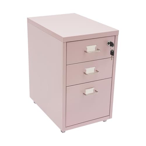 BTGSHYNM 3 Drawers Vertical File Cabinet, 18'' Metal Mobile File Cabinet with Lock, Under Desk Rolling Filing Cabinets with Tag Jacks, Lockable Vertical File Cabinet for Home Office (Pink)