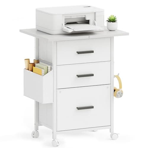 Flrrtenv 2 Drawer Printer Stand with 22'' Extended Desktop, Mobile Filing Cabinet, Rolling File Cabinet with Side Bag, Fabric Drawer, Fits A4/Lett, White