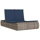 IBUQDDV Double Patio Sun Lounger with Roof and Curtains, Gray Poly Rattan Double Sun Lounger with Cushions, Adjustable Backrest 4 Positions, Removable Washable Cushion Cover