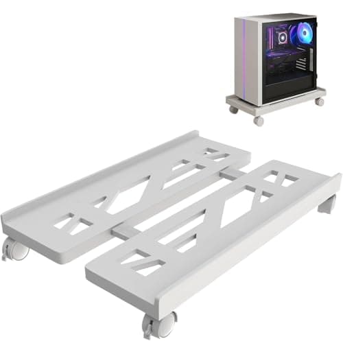 Zbozzba PC stand, PC holder under desk, universal adjustable stand, with 4 wheels, mobile, 2 lockable castors, white