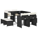 WRJENFSC 9-Piece Garden Dining Set, Modern Rattan Outdoor Patio Furniture with Tempered Glass Table, 4 High-Back Chairs and 4 Stools for Backyard and Porch, Black and Cream White