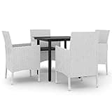 WRJENFSC 5 Piece Patio Dining Set, Outdoor Wicker Furniture with 4 Armchairs and Glass Top Square Table, PE Rattan Conversation Set with Black Cushions for Garden Backyard and Deck