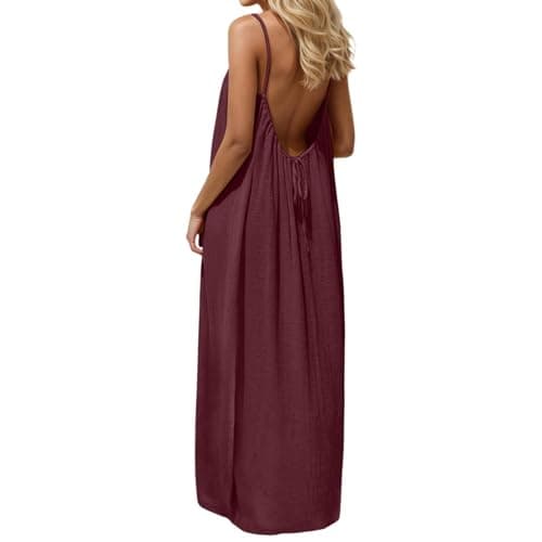 EEZCP Women's Cotton Linen Backless Loose Dress, Womens Summer Casual Sleeveless Backless Cami Dress Open Low Back Beach (Wine,Small)