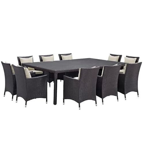 Oakestry Convene 11 Piece Outdoor Patio Dining Set with Beige Cushions and Wicker Armchairs