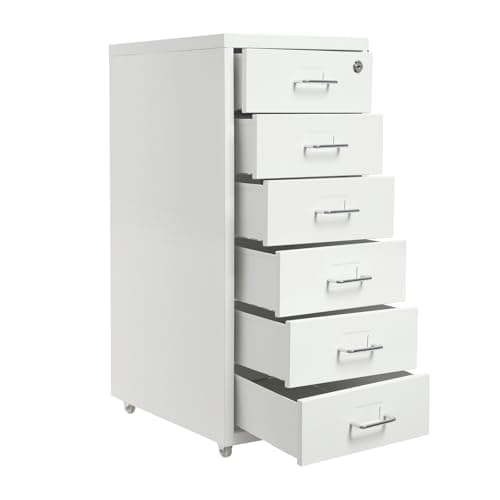 6 Drawer File Cabinet with Lock, Freestanding Filing Metal Drawers Organizer Vertical Metal Rolling Organizer Movable Under Desk Cabinet with Wheels for Home Office Living Room Study (6 Tiers White)