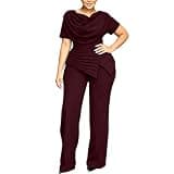 Oplxuo Women 2 Piece Formal Pant Sets Cowl Neck Short Sleeve Ruched Asymmetric Top Wide Leg Pants Wedding Guest Outfits