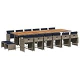 WRJENFSC 17 Piece Patio Dining Set with Navy Cushions, Large Outdoor PE Rattan Wicker Furniture Set with Acacia Wood Top Table, 12 Foldable Chairs and 4 Stools for Garden and Backyard