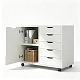 White Rolling File Cabinet with 5 Drawers & Adjustable Open Compartment, Mobile Wood Printer Stand with Lockable Casters, Total 150LBS Storage Cabinet for Home Office Bedroom