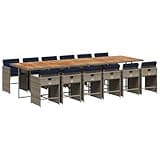 WRJENFSC 13 Piece Patio Dining Set with Cushions, Gray Poly Rattan Outdoor Dining Table and 12 Chairs with Acacia Wood Top for Backyard, Garden, and Deck, Space Saving Cube Design