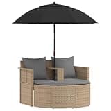 TUERYAFEK Modern Garden Sofa with Stool and Parasol, 8-Piece Patio Sofa Set in Beige and Light Grey Poly Rattan with Removable Cushions