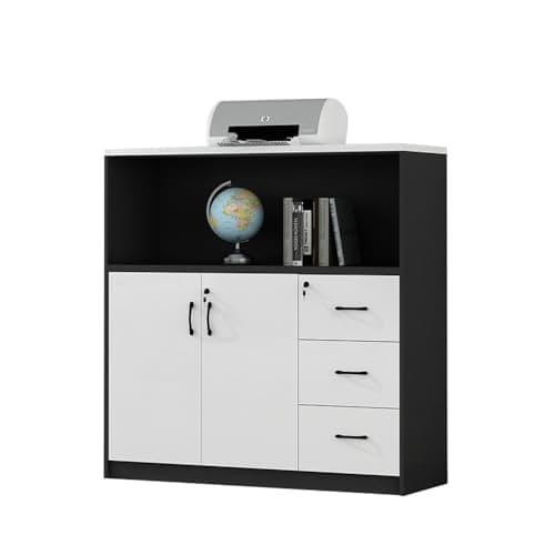 YUHUAWF File Cabinets Wooden File Cabinet White + Black Double Door with Three Drawers Storage Data File Storage Cabinets