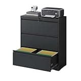 Kiwaou 3-Drawer Lateral File Cabinet with Lock, Black Metal Filing Cabinet for Legal/Letter/A4/F4 Size, Home Office Storage