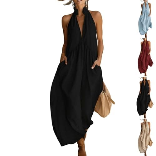 EEZCP Minimalist Halter Neck Maxi Dress, Casual Loose Fit Summer Dress Women Deep V-Neck Stand Collar Sleeveless (Small,Black)