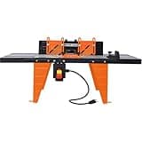 Benchtop Router Table for Woodworking, Heavy Duty Aluminum Alloy Router Workstation with Dual Extension Tables, Adjustable Fence & Miter Gauge (Black + Orange)