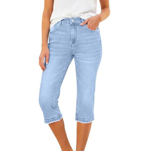 Capri Jeans for Women Trendy Mid Rise Raw Hem Casual Crop Jean Summer Stretchy Denim Capris Pants with Pockets(Light Blue,Medium)