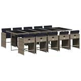 KGFHERENB 11 Piece Garden Dining Set Grey Poly Rattan Outdoor Patio Table and 10 Chairs Cube Sectional Furniture Set with Navy Blue Cushions Tempered Glass Top for Backyard Deck