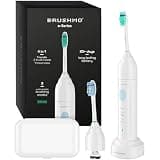 Brushmo E-Series Electric Sonic Toothbrush - Rechargeable Screw-On Electronic Tooth Brush for Adults with 3 Modes, Travel Case & Timer IPX7 Waterproof, 30 Days Lasting & Wireless Charging Base, White