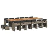 PHGTYUK 17 Piece Patio Dining Set with Gray Poly Rattan, Acacia Wood Table, and Cushions for Outdoor Garden