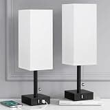 aooshine Bedside Table Lamps Set of 2 - Small White Bedroom Lamps with 3 Color Temperatures (3000K/5000K/4000K), Square Nightstand Lamp with USB C + A Charging Ports, Pull Chain Night Light