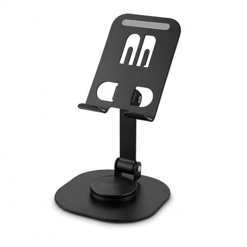Modern Tablet Phone Stand for Desk, 360 Rotating Adjustable Foldable Holder Compatible with iPad Pro Air Mini iPhone Galaxy Tab Kindle Switch 4.7 to 13 inch, Sleek Black Aluminum Cradle