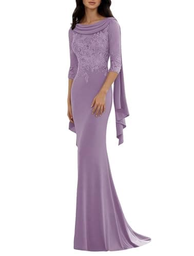 Chiffon Cowl Neck Mother of the Groom Dress for Wedding Laces Floor Length Formal Mother of the Bride Dress for Women Dusty-Purple