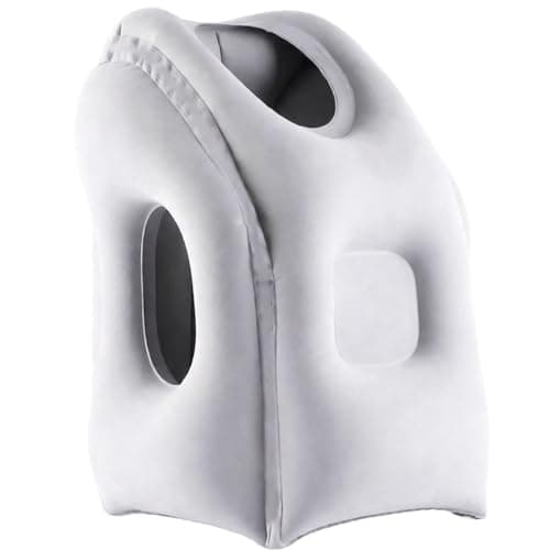 Sacolin Inflatable Travel Pillow with Ventilation Holes, Gray Portable Air Cushion Neck Support Pad, Ergonomic Design, Rapid Inflation and Deflation with Storage Bag