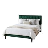Bellogoo Modern Full Size Bed Frame, Upholstered Velvet Platform Bed with Headboard, Sturdy Wood Slat Support, No Box Spring Needed, Dark Green