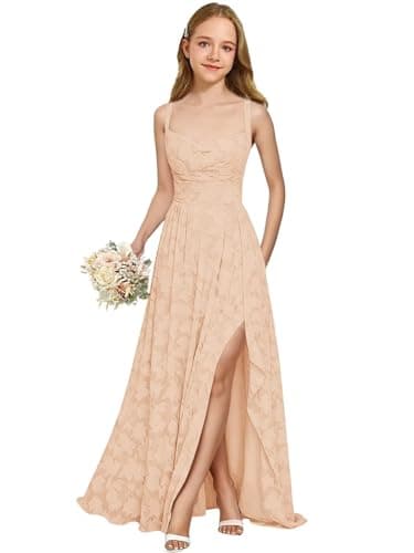 Gujach Peach Pink Flower Girl Dress for Wedding Guest Floral Junior Bridesmaid Dresses 2026 Cowl Neck Ruffle Formal Pageant Gown with Slit 18