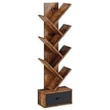 Rolanstar 7 Tier Bookshelf with Drawer, Tree Bookshelf, Small Bookshelves with Storage Rack for CDs/Movies/Books, Standing Book Shelf, Tall Narrow Bookcase for Living Room, Bedroom, Rustic Brown