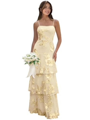 Qgeno Ruffle Prom Dress Lace Floral Bridesmaid Dresses Champagne Tiered A Line Long Summer Formal Wedding Guest Gown 2