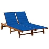 pokgdf Sunlounger with Adjustable Backrest and Footrest, Royal Blue Cushion on Natural Acacia Wood Frame, Weather-Resistant Outdoor Furniture for Patio Garden