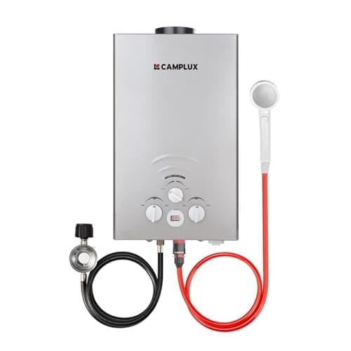 CAMPLUX Portable Tankless Water Heater 55,000 BTU, 2.11 GPM Propane Water Heater for Camping, RV, Outdoor, Battery Operated with Handle, Gray, BW211G
