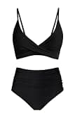 Amy Babe Women's High Waisted Bikini Sets Push Up Twist Front Spaghetti Straps Ruched Two Piece Swimsuit Bathing Suit Black (Medium)