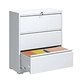 FLIXELIO File Cabinets 3 Drawer,Metal Office Storage Filing Cabinet with Lock,White Lateral Filing Cabinet for Home Office,Horizontal Locking File Cabinets for Legal/Letter/A4 Files,Assembly Required