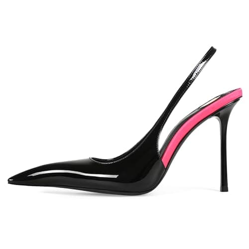 Aorikro Slingback Heels for Women Pointed Close Toe Two Tone Stiletto High Heels Backless Patent Leather Elastic Strap Heeled Sandals Dress Pumps Black