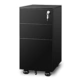 DEVAISE 3 Drawer File Cabinet with Lock, Under Desk Metal Filing Cabinets with Wheels for Home Office Fit Legal/Letter/A4 File, Assembled Except Casters,Black